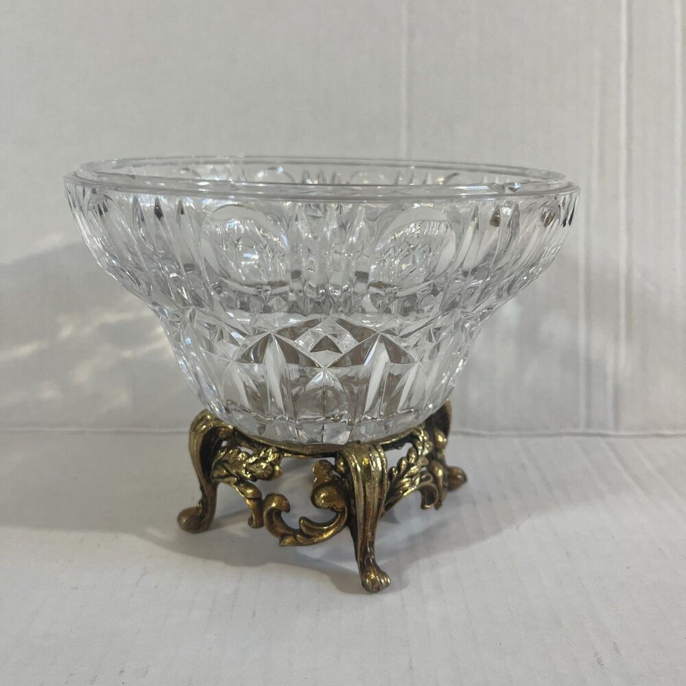 Hollywood Regency Cut Glass Lamp Bowl GIM 396 Brass Base Replacement Or Vanity
